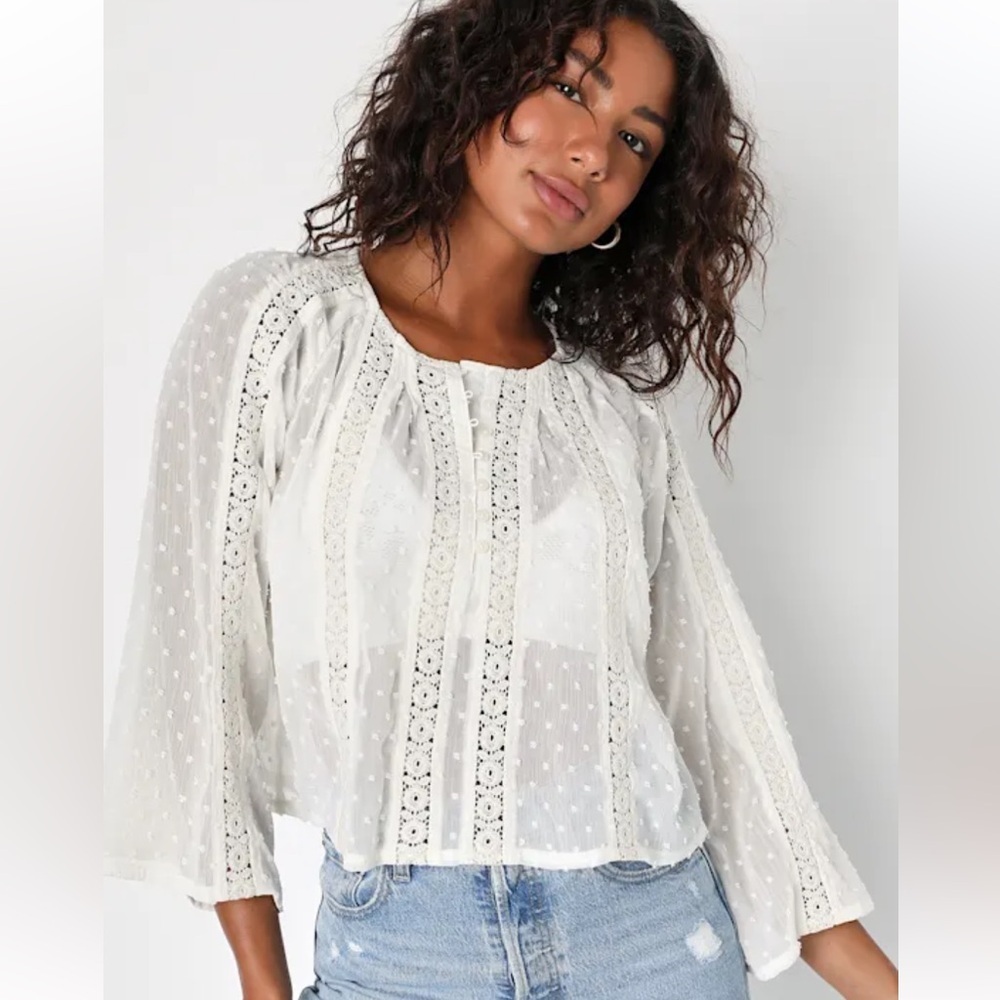 Lulus Sheer Charm Ivory Lace Swiss Dot Three-Quarter Sleeve Top